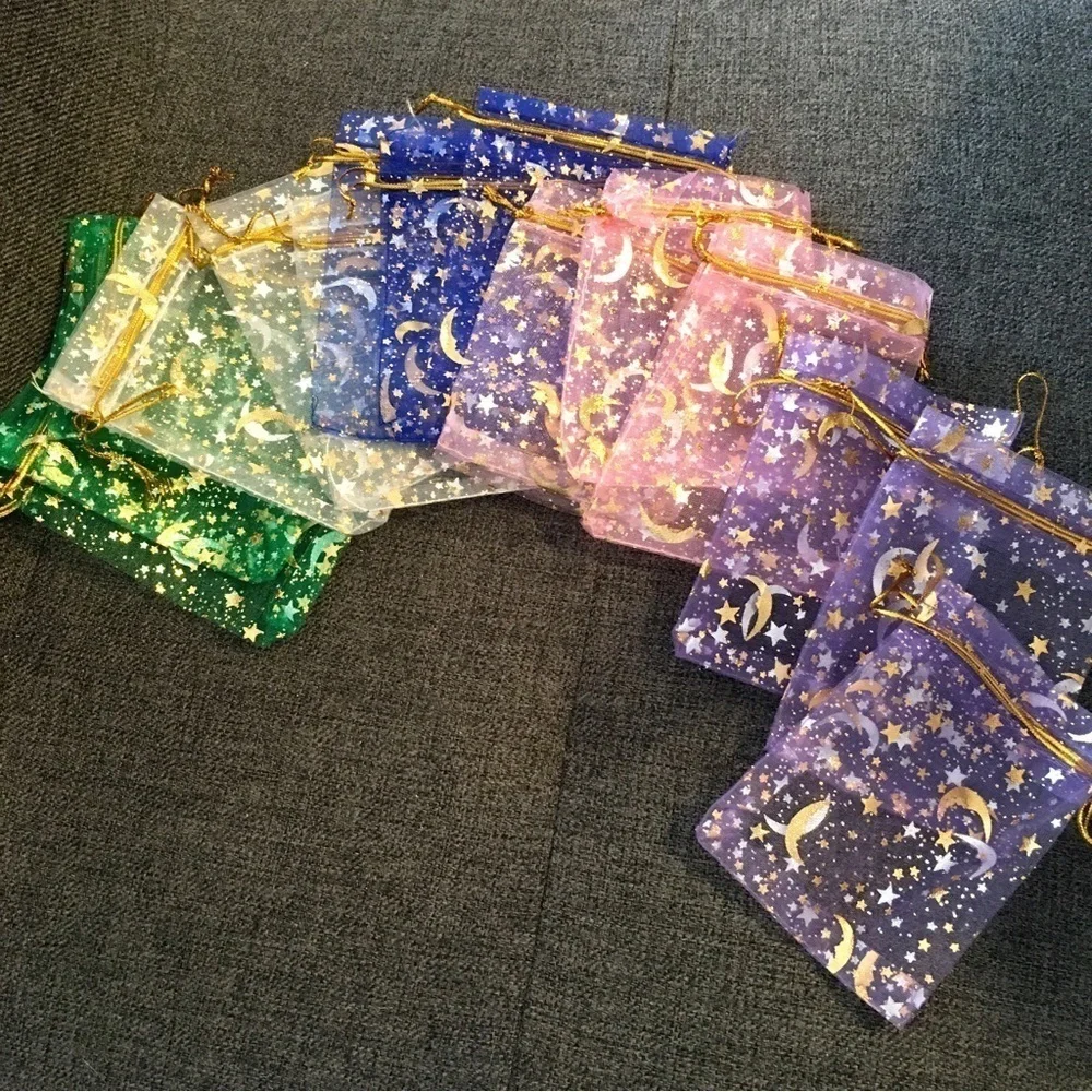 12 Count - Moon + Star Small Jewelry Organza Drawstring Bags, ~4 x 5 inches
